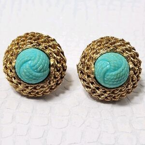 TRIFARI Turquoise Knot Rope Twist Vintage Earrings Gold Tone Acrylic 1950s